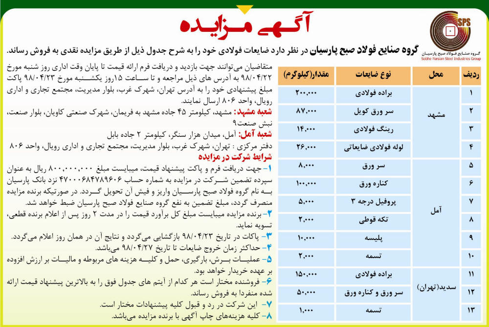 آگهی مزایده گروه صنایع فولاد در روزنامه همشهری