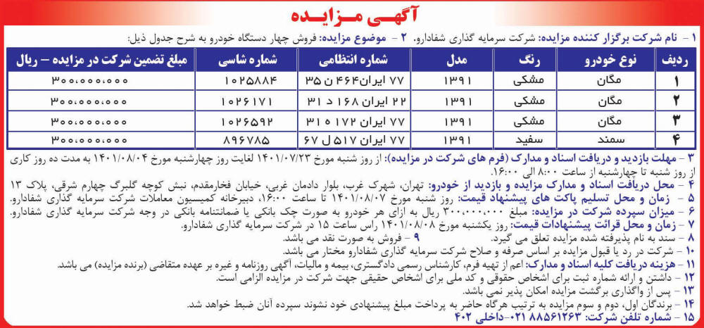 آگهی مزایده چهار دستگاه خودرو چاپ شده در روزنامه دنیای اقتصاد