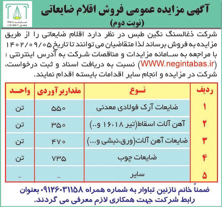 روزنامه دنیای اقتصاد - آگهی نوبت دوم مزایده فروش اقلام ضایعاتی