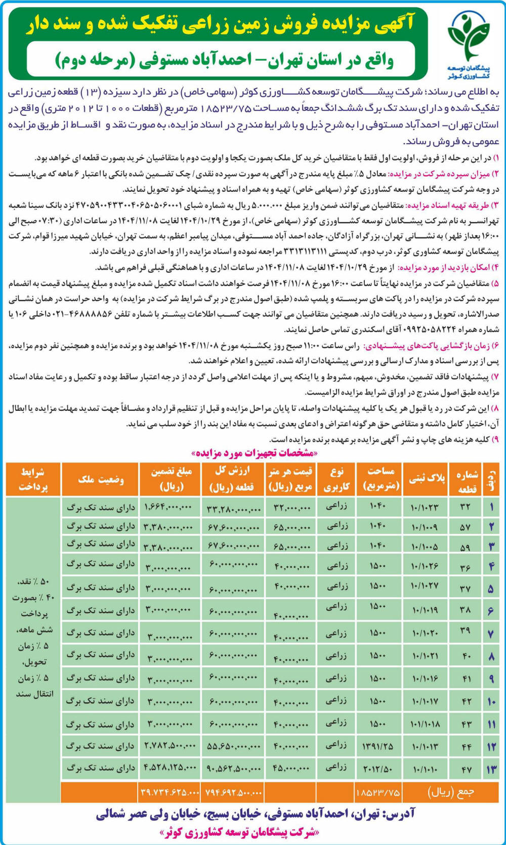 روزنامه اطلاعات - آگهی مرحله دوم مزایده فروش زمین زراعی