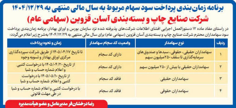 روزنامه ایران - آگهی زمان بندی پرداخت سود سهام شرکت آسان قزوین